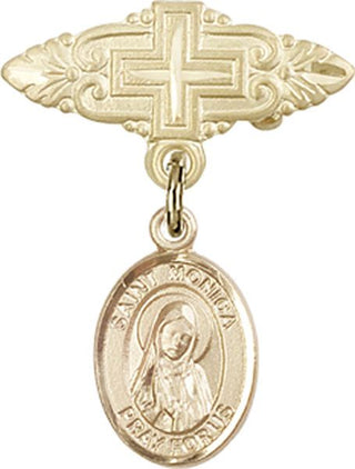 14kt Gold Badge Pin With Cross St. Monica Baby Badge - Engravable