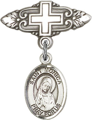 Sterling Silver Badge Pin With Cross St. Monica Baby Badge - Engravable