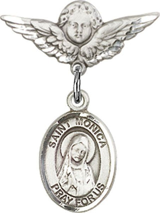 Sterling Silver Small Angel w/Wings St. Monica Baby Badge - Engravable