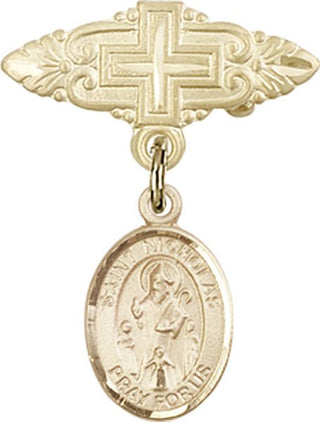 14kt Gold Badge Pin With Cross St. Nicholas Baby Badge - Engravable