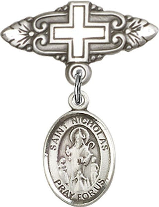 Sterling Silver Badge Pin With Cross St. Nicholas Baby Badge - Engravable
