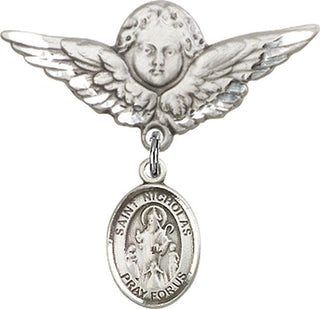 Sterling Silver Large Angel w/Wings St. Nicholas Baby Badge - Engravable
