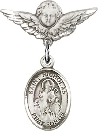 Sterling Silver Small Angel w/Wings St. Nicholas Baby Badge - Engravable