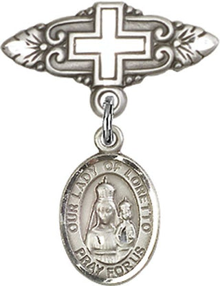 Sterling Silver Badge Pin With Cross O/L of Loretto Baby Badge - Engravable