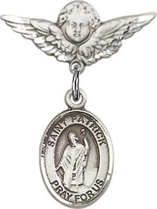 Sterling Silver Small Angel w/Wings St. Patrick Baby Badge - Engravable