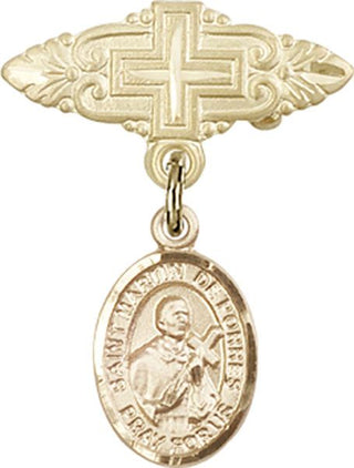 14kt Gold Badge Pin With Cross St. Martin de Porres Baby Badge - Engravable