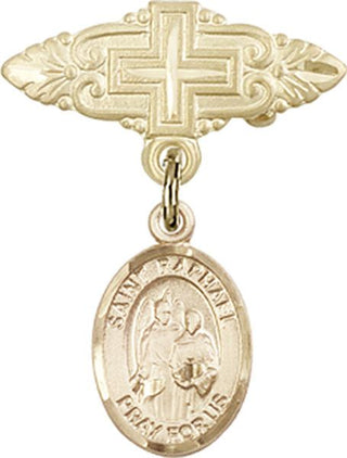 14kt Gold Filled Badge Pin With Cross St. Raphael the Archangel Baby Badge - Engravable