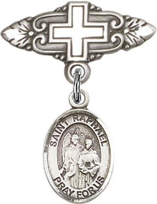 Sterling Silver Badge Pin With Cross St. Raphael the Archangel Baby Badge - Engravable