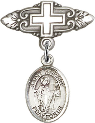 Sterling Silver Badge Pin With Cross St. Richard Baby Badge - Engravable