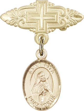 14kt Gold Badge Pin With Cross St. Rita of Cascia Baby Badge - Engravable
