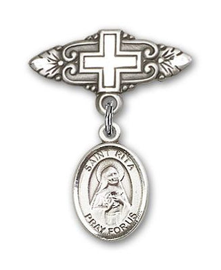 Sterling Silver Badge Pin With Cross St. Rita of Cascia Baby Badge - Engravable