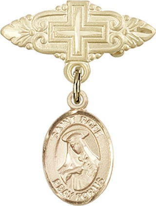 14kt Gold Badge Pin With Cross St. Rose of Lima Baby Badge - Engravable