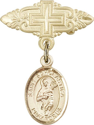 14kt Gold Filled Badge Pin With Cross St. Scholastica Baby Badge - Engravable