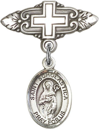 Sterling Silver Badge Pin With Cross St. Scholastica Baby Badge - Engravable