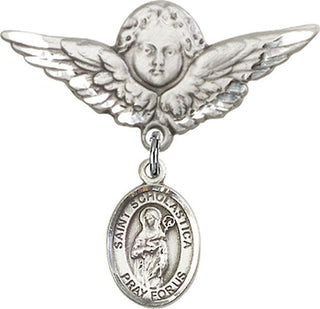 Sterling Silver Large Angel w/Wings St. Scholastica Baby Badge - Engravable