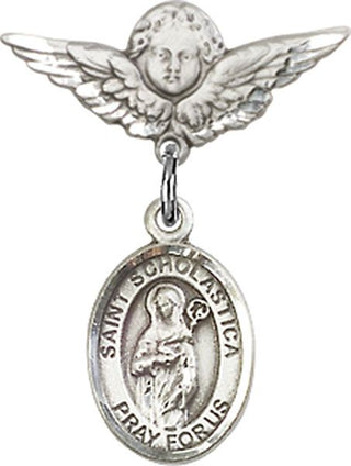 Sterling Silver Small Angel w/Wings St. Scholastica Baby Badge - Engravable