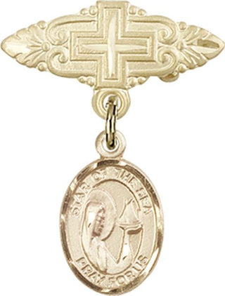14kt Gold Badge Pin With Cross O/L Star of the Sea Baby Badge - Engravable