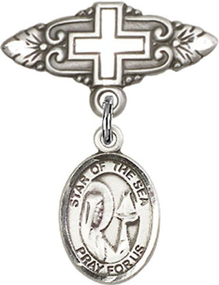 Sterling Silver Badge Pin With Cross O/L Star of the Sea Baby Badge - Engravable
