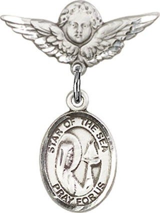 Sterling Silver Small Angel w/Wings O/L Star of the Sea Baby Badge - Engravable