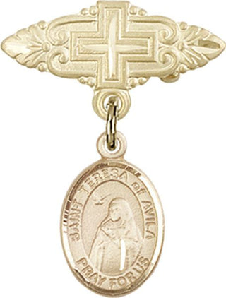 14kt Gold Badge Pin With Cross St. Teresa of Avila Baby Badge - Engravable