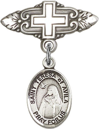Sterling Silver Badge Pin With Cross St. Teresa of Avila Baby Badge - Engravable