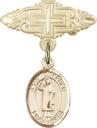 14kt Gold Filled Badge Pin With Cross St. Stephen the Martyr Baby Badge - Engravable