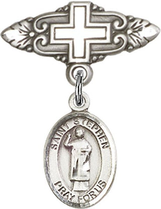 Sterling Silver Badge Pin With Cross St. Stephen the Martyr Baby Badge - Engravable