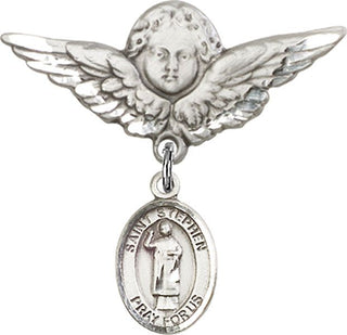 Sterling Silver Large Angel w/Wings St. Stephen the Martyr Baby Badge - Engravable