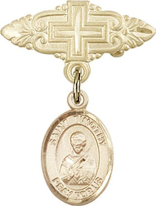 14kt Gold Badge Pin With Cross St. Timothy Baby Badge - Engravable