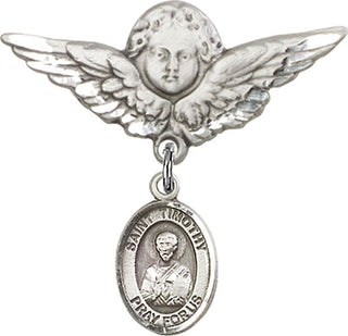 Sterling Silver Large Angel w/Wings St. Timothy Baby Badge - Engravable