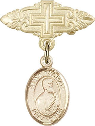 14kt Gold Badge Pin With Cross St. Thomas the Apostle Baby Badge - Engravable
