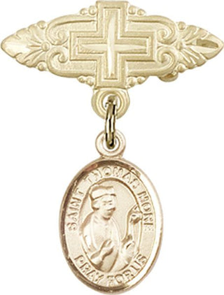 14kt Gold Badge Pin With Cross St. Thomas More Baby Badge - Engravable