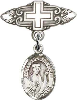 Sterling Silver Badge Pin With Cross St. Thomas More Baby Badge - Engravable
