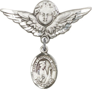 Sterling Silver Large Angel w/Wings St. Thomas More Baby Badge - Engravable