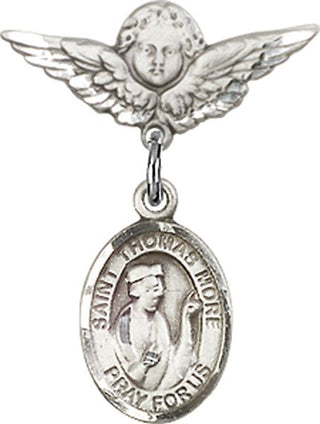 Sterling Silver Small Angel w/Wings St. Thomas More Baby Badge - Engravable