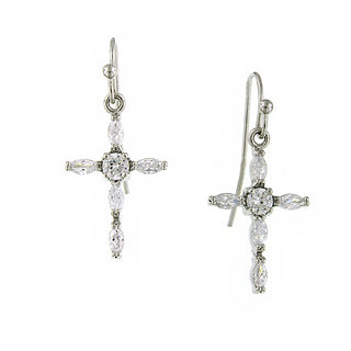 Silver-Tone Crystal Cross Drop Earrings