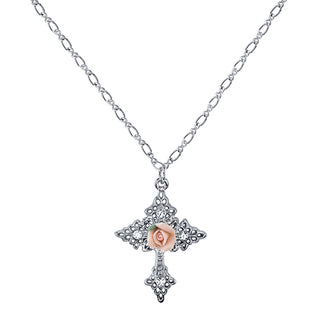 Silver-Tone Crystal Pink Porcelain Rose Cross Pendant Necklace