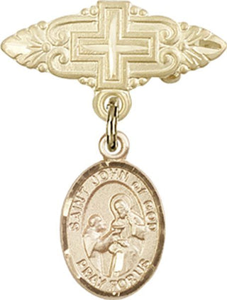 14kt Gold Badge Pin With Cross St. John of God Baby Badge - Engravable