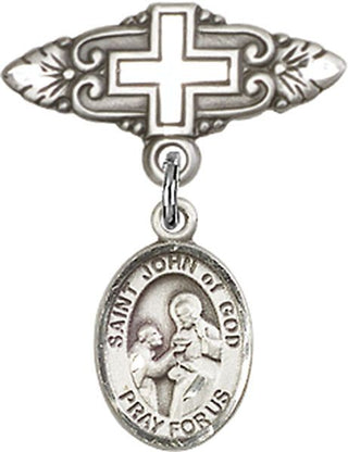 Sterling Silver Badge Pin With Cross St. John of God Baby Badge - Engravable