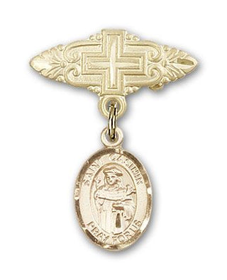 14kt Gold Badge Pin With Cross St. Casimir of Poland Baby Badge - Engravable