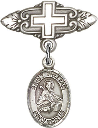 Sterling Silver Badge Pin With Cross St. William of Rochester Baby Badge - Engravable