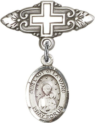 Sterling Silver Badge Pin With Cross O/L of la Vang Baby Badge - Engravable