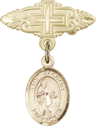 14kt Gold Badge Pin With Cross St. Zachary Baby Badge - Engravable