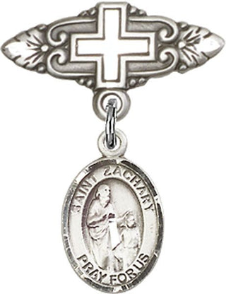 Sterling Silver Badge Pin With Cross St. Zachary Baby Badge - Engravable