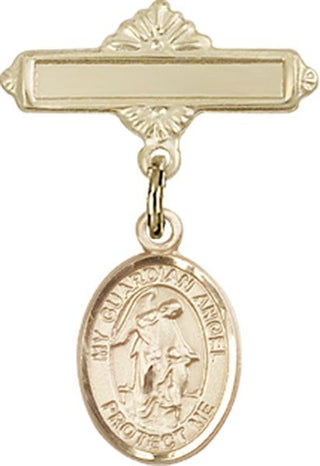 14kt Gold Filled Polished Badge Pin Guardian Angel w/Child Baby Badge - Engravable