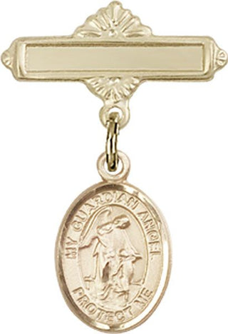 14kt Gold Polished Badge Pin Guardian Angel w/Child Baby Badge - Engravable