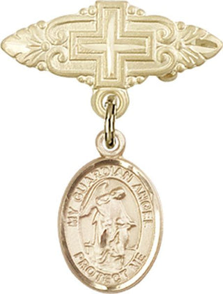 14kt Gold Badge Pin With Cross Guardian Angel w/Child Baby Badge - Engravable