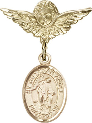 14kt Gold Small Angel w/Wings Guardian Angel w/Child Baby Badge - Engravable