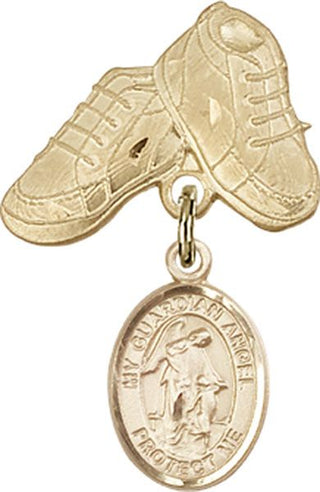 14kt Gold Baby Boots Guardian Angel w/Child Baby Badge - Engravable