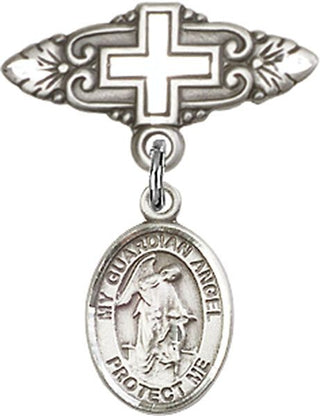 Sterling Silver Badge Pin With Cross Guardian Angel w/Child Baby Badge - Engravable